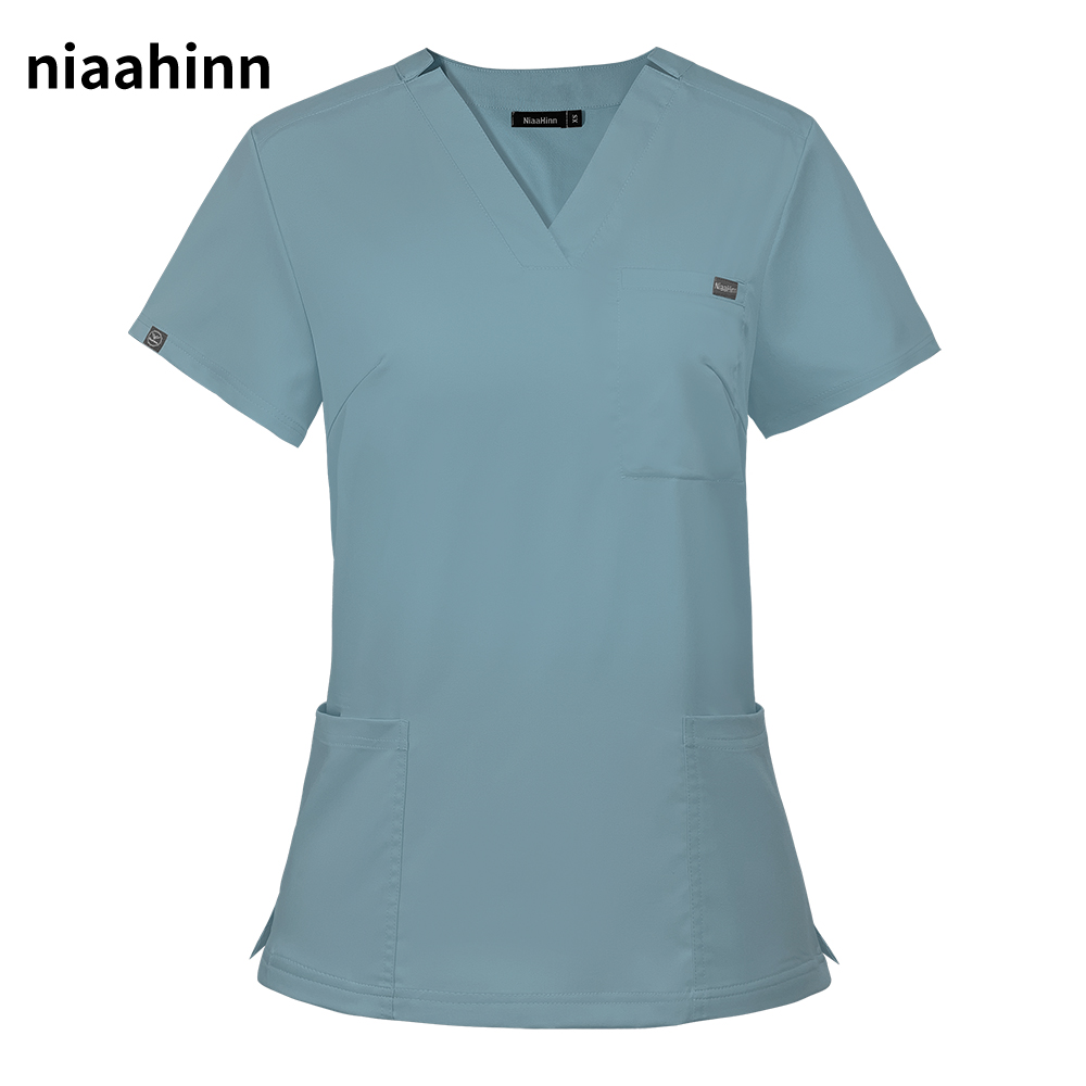 Medical Lab Coat - 솔리드 Vneck 포켓 스크럽 셔츠 병원