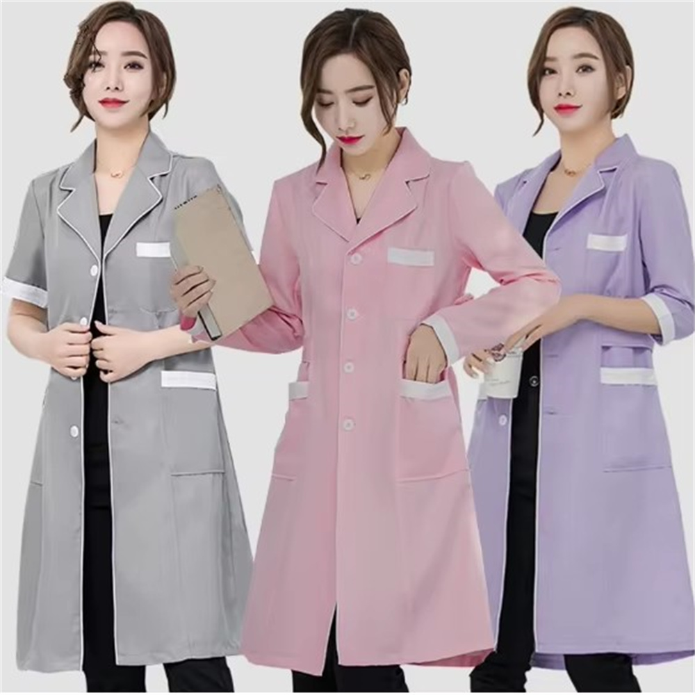 Medical Lab Coat - 고급 회색 단색 슬림 단순 주름